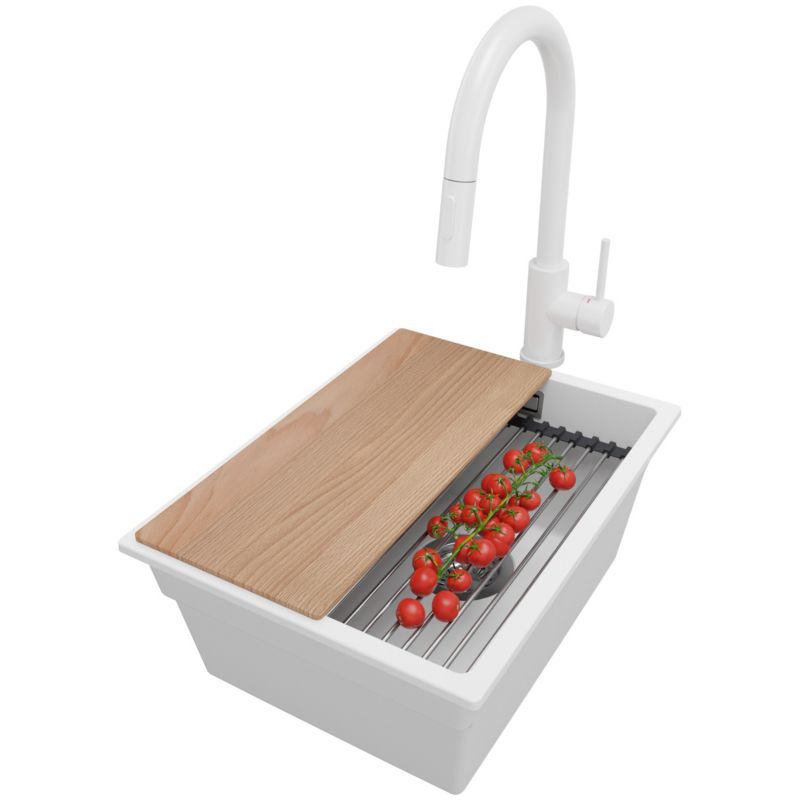 Zlewozmywak Granitowy Praga Slim PRIMAGRAN Nablatowy 36x47cm do szafki od 40cm z Syfonem i Baterią i Dodatkiem Biały 1 szt.