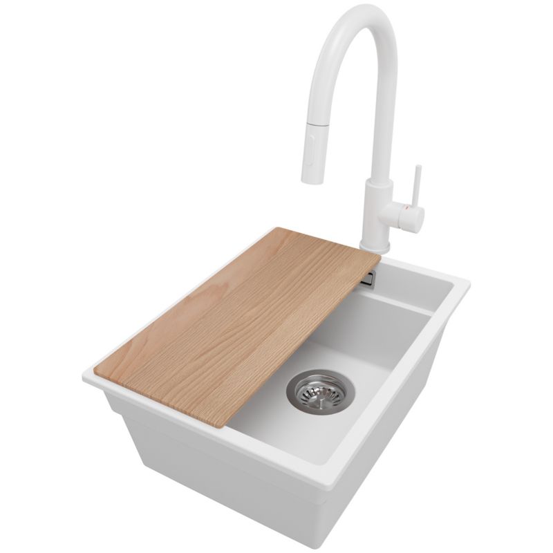 Zlewozmywak Granitowy Praga Slim PRIMAGRAN Nablatowy 36x47cm do szafki od 40cm z Syfonem i Baterią i Dodatkiem Biały 1 szt.