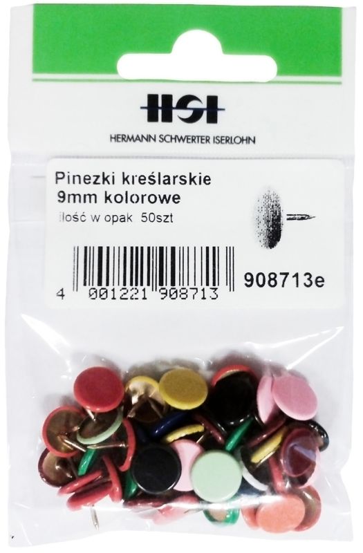Pinezki kreślarskie 9 mm kolorowe 50 szt.