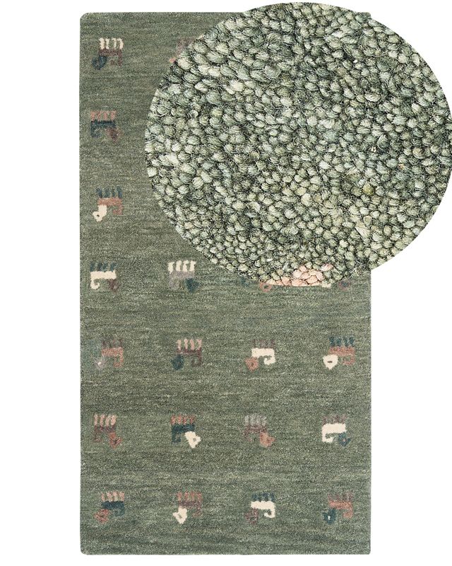 Dywan wełniany gabbeh ze wzorem w zwierzęta 80 x 150 cm zielony Kizarli 1 szt.