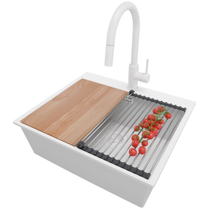 Zlewozmywak Granitowy Oslo PRIMAGRAN Nablatowy 58x50cm do szafki od 60cm z Syfonem i Baterią i Dodatkiem Cały Biały 1 szt.