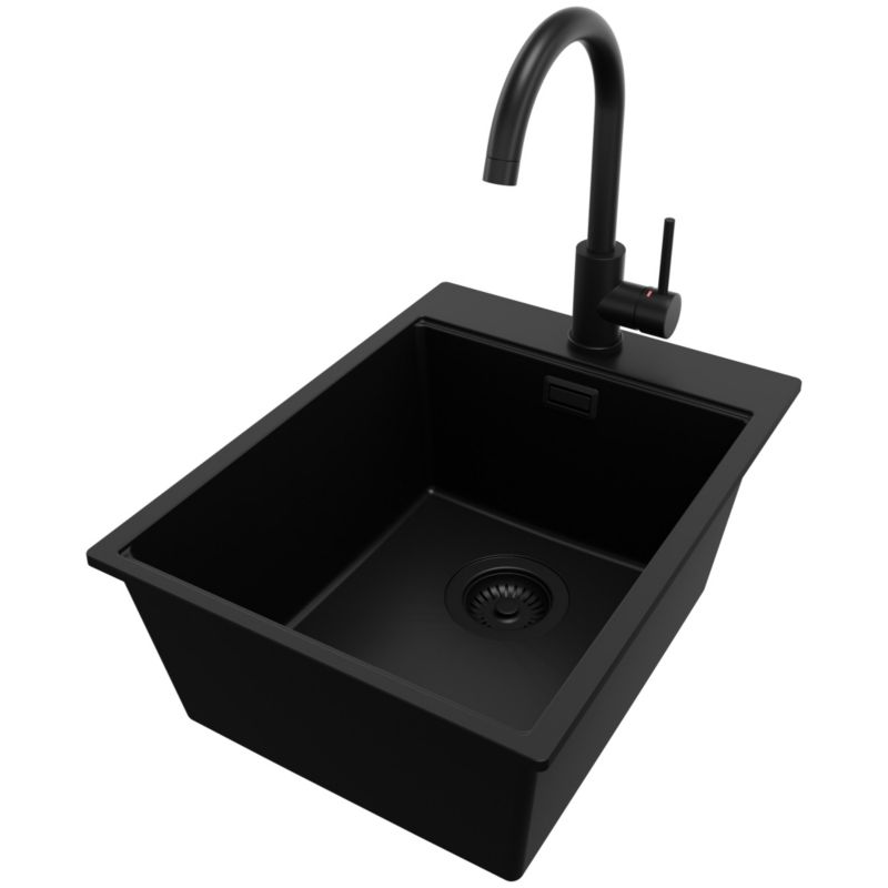Zlewozmywak Granitowy Oslo PRIMAGRAN Nablatowy 38x50cm do szafki od 40cm z Syfonem i Baterią Cały Czarny 1 szt.