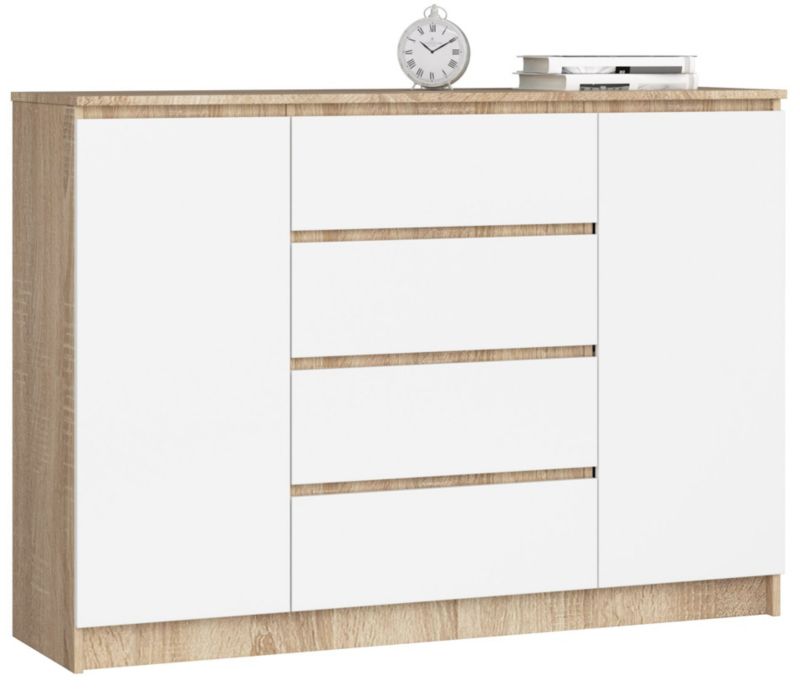 Komoda Akord K140 Dąb Sonoma 138 cm 2 drzwi 4 szuflady kolor Biały mat 4 półki 138x40x99 cm 1 szt.