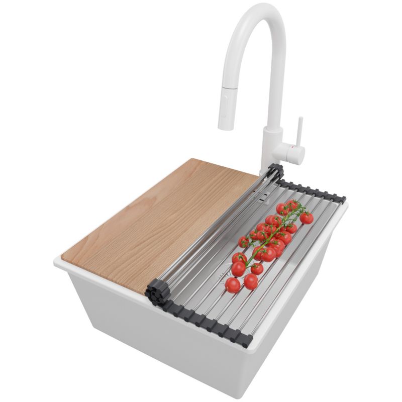 Zlewozmywak Granitowy Londyn Slim PRIMAGRAN Nablatowy 41x47cm do szafki od 45cm z Syfonem i Baterią i Dodatkiem Cały Biały 1 szt.