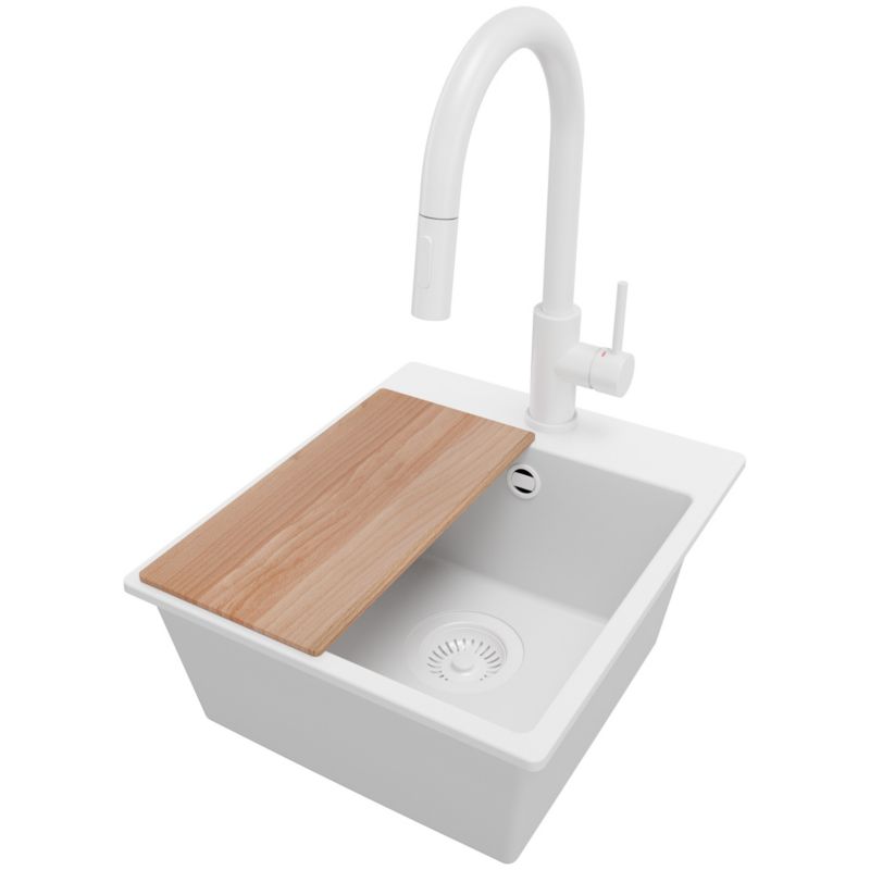 Zlewozmywak Granitowy Ryga Easy PRIMAGRAN Nablatowy 38x44cm do szafki od 40cm z Syfonem i Baterią i Dodatkiem Cały Biały 1 szt.