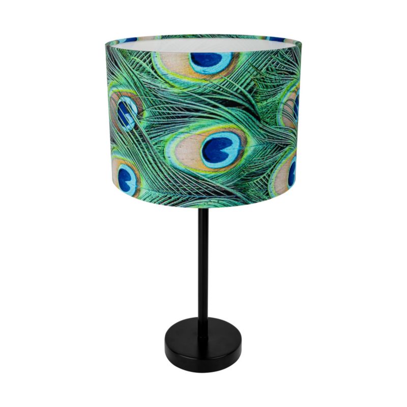 Lampa Stołowa SPOT Light 1xE27 Max.40W Czarny Metal z Pluszowym Abażurem z Motywem Pawich Piór, 1 szt.