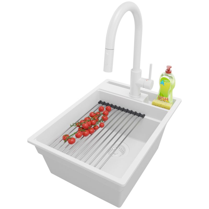 Zlewozmywak Granitowy Oslo Pocket PRIMAGRAN Nablatowy 38x53cm do szafki od 40cm z Syfonem i Baterią i Dodatkiem Cały Biały 1 szt.