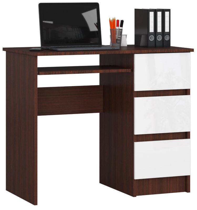 Biurko komputerowe Akord A6 Wenge 90 cm prawe 3 szuflady kolor Biały mat 1 półka 90x50x77 cm 1 szt.