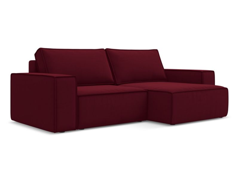 Narożnik prawostronny z funkcją spania Makamii Kimo z weluru 257x148 cm burgundowy 1 szt.
