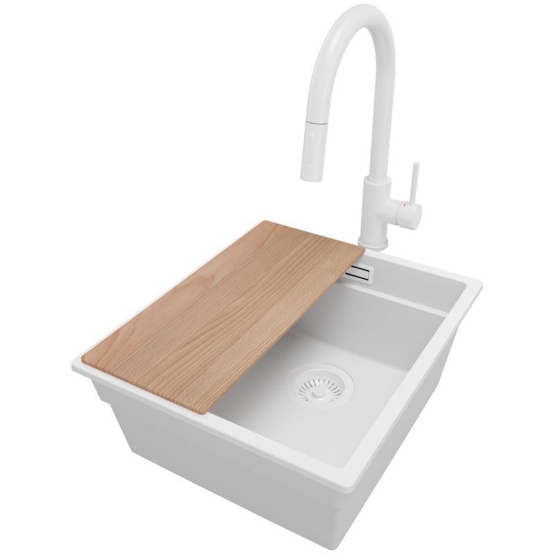 Zlewozmywak Granitowy Praga Slim PRIMAGRAN Nablatowy 41x47cm do szafki od 45cm z Syfonem i Baterią i Dodatkiem Cały Biały 1 szt.