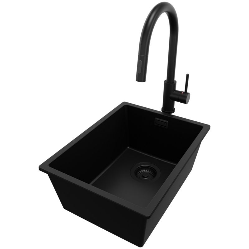 Zlewozmywak Granitowy Londyn Slim PRIMAGRAN Nablatowy 36x47cm do szafki od 40cm z Syfonem i Baterią Cały Czarny 1 szt.