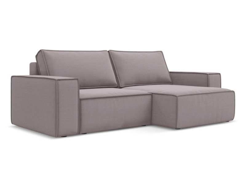 Narożnik prawostronny z funkcją spania Makamii Kimo z weluru 257x148 cm lawendowy 1 szt.