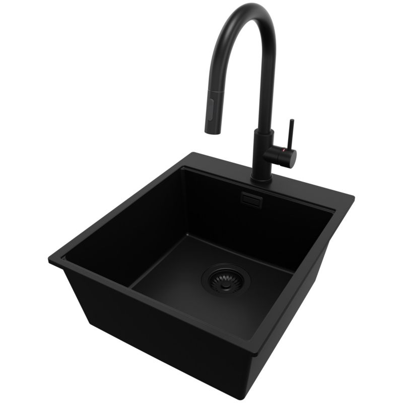 Zlewozmywak Granitowy Oslo PRIMAGRAN Nablatowy 43x50cm do szafki od 45cm z Syfonem i Baterią Cały Czarny 1 szt.