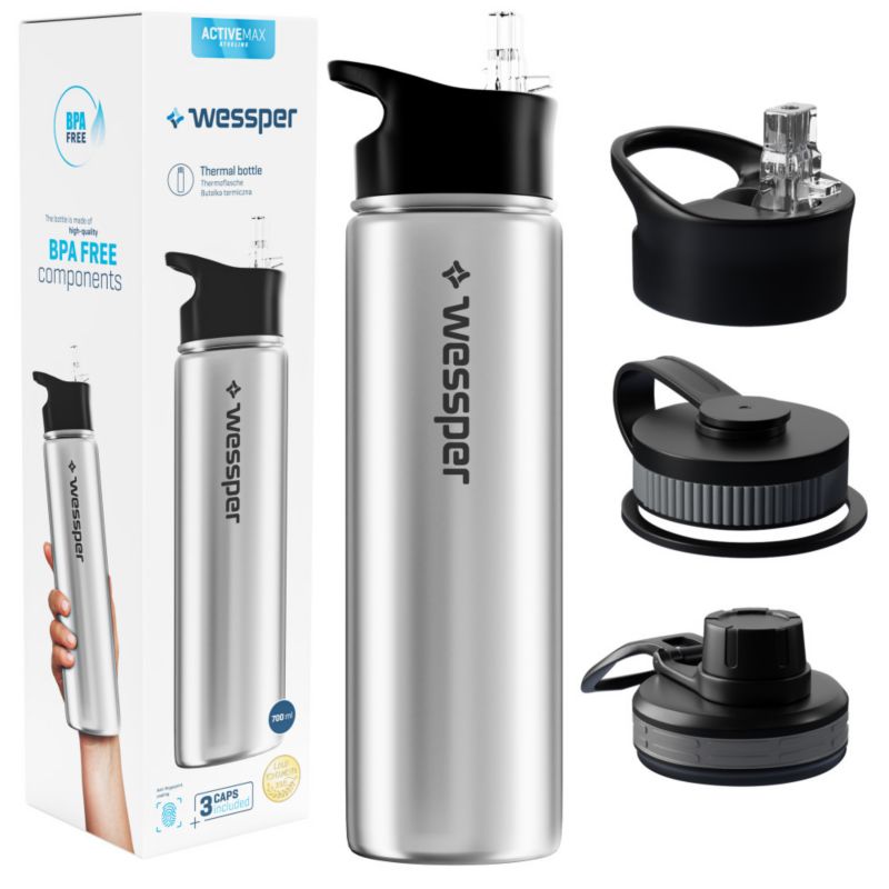 Butelka termiczna, Wessper, termos, 700ml, z 3 nakrętkami, stal nierdzewna, srebrna, 1szt