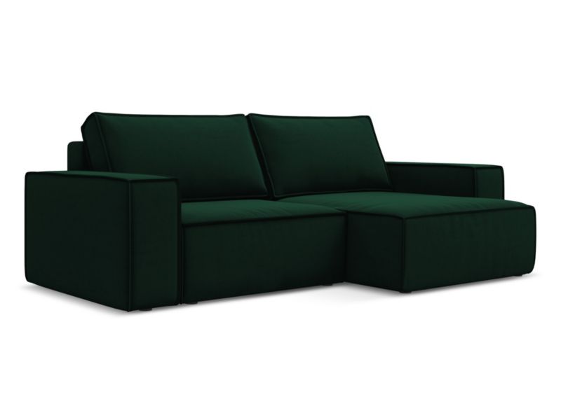 Narożnik prawostronny z funkcją spania Makamii Kimo z weluru 257x148 cm butelkowa zieleń 1 szt.