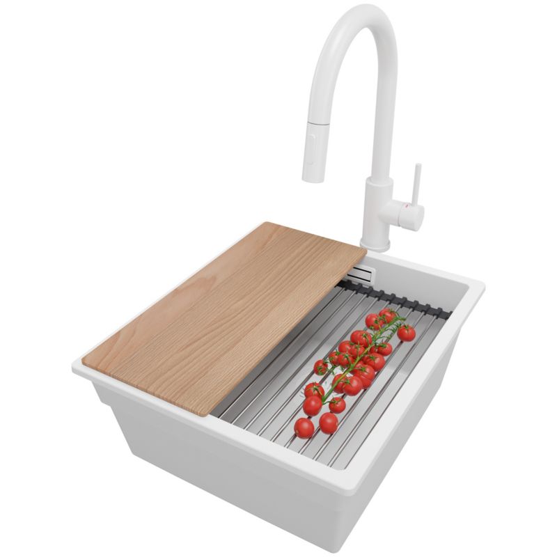 Zlewozmywak Granitowy Praga Slim PRIMAGRAN Nablatowy 41x47cm do szafki od 45cm z Syfonem i Baterią i Dodatkiem Cały Biały 1 szt.