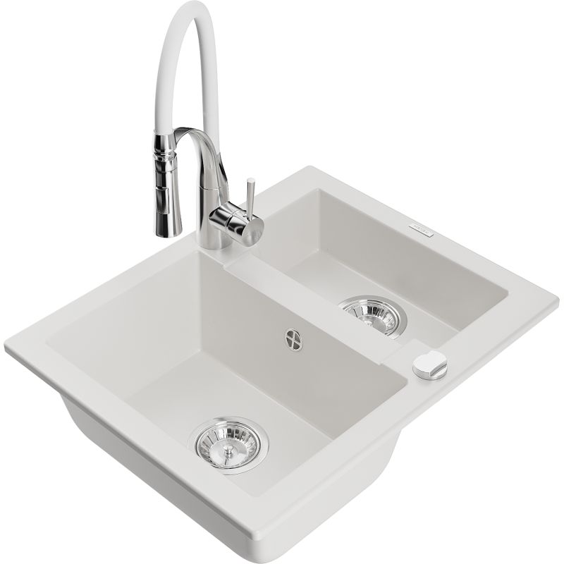 Zlewozmywak granitowy 1.50-komorowy Mexen Carlos z baterią kuchenną Aster biały 6518-20-73450-02 1 szt.