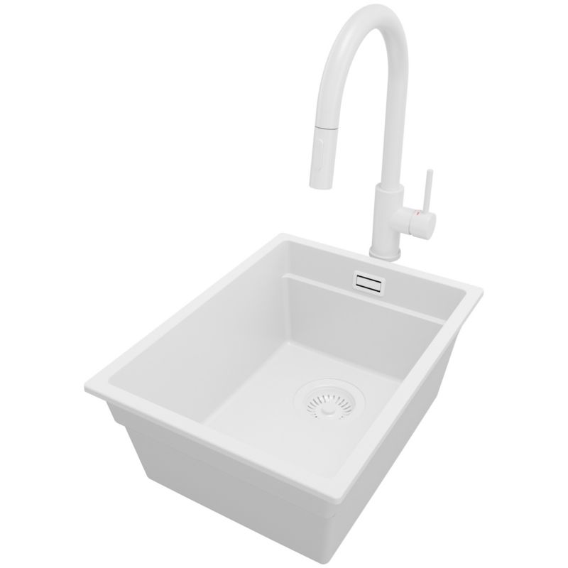 Zlewozmywak Granitowy Praga Slim PRIMAGRAN Nablatowy 36x47cm do szafki od 40cm z Syfonem i Baterią Cały Biały 1 szt.
