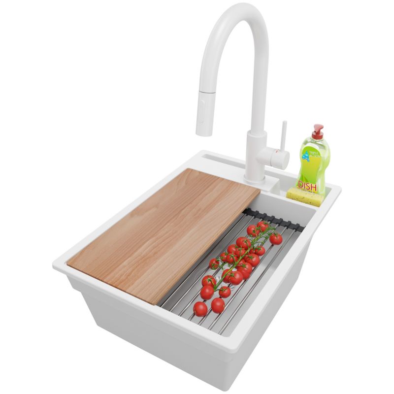 Zlewozmywak Granitowy Oslo Pocket PRIMAGRAN Nablatowy 38x53cm do szafki od 40cm z Syfonem i Baterią i Dodatkiem Cały Biały 1 szt.