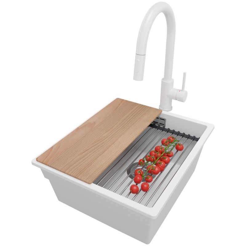 Zlewozmywak Granitowy Praga Slim PRIMAGRAN Nablatowy 41x47cm do szafki od 45cm z Syfonem i Baterią i Dodatkiem Biały 1 szt.