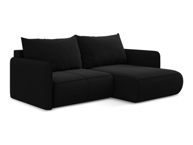 Narożnik prawostronny z funkcją spania Makamii Nanea z weluru 207x148 cm czarny 1 szt.
