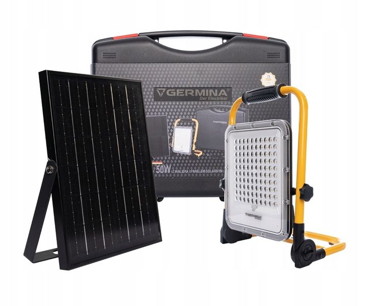 Lampa robocza Germina akumulatorowa 50W naświetlacz bateryjny + panel solarny + walizka 1szt.