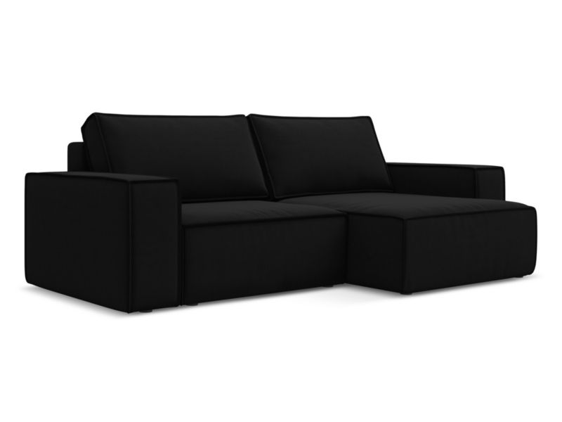 Narożnik prawostronny z funkcją spania Makamii Kimo z weluru 257x148 cm czarny 1 szt.