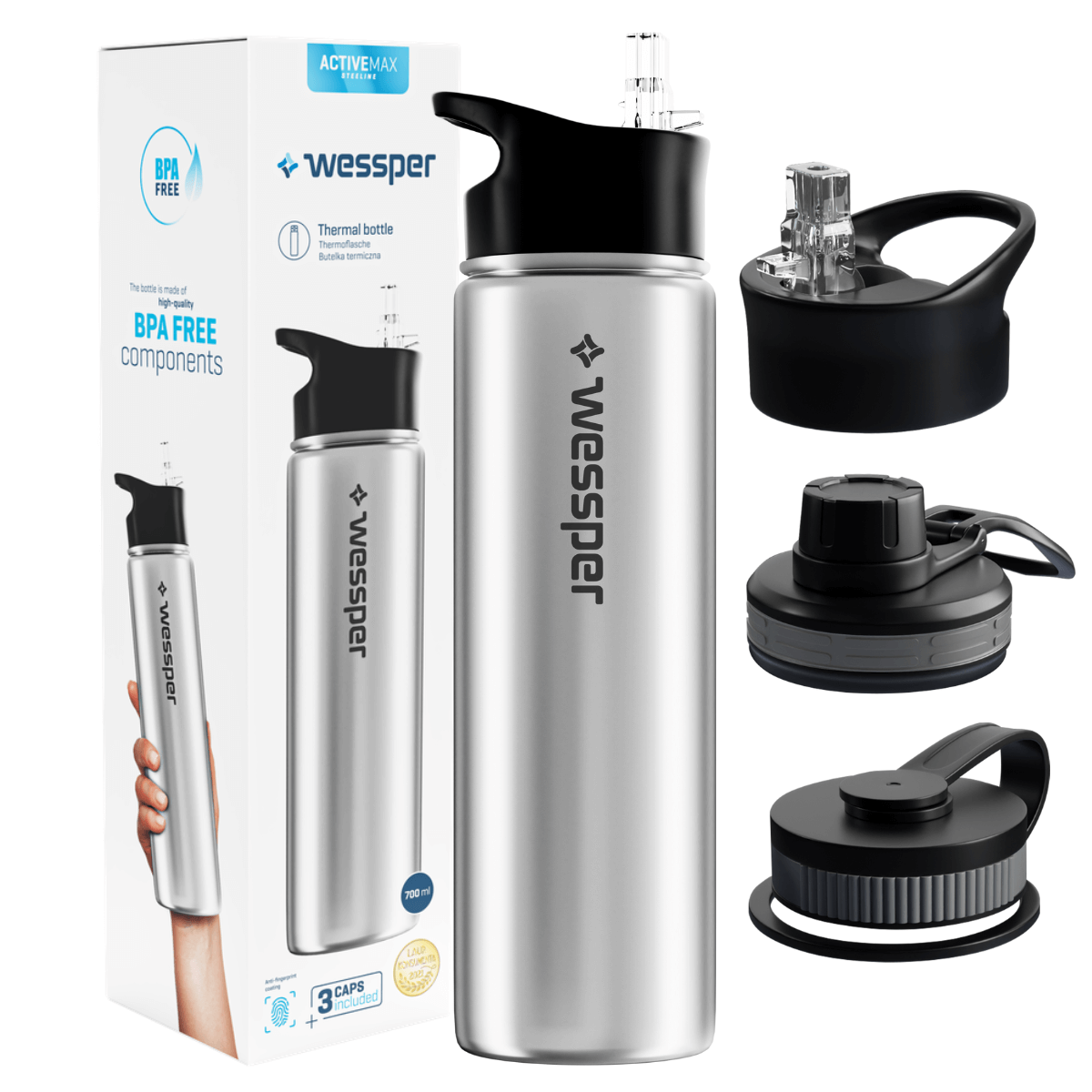 Butelka termiczna na wodę Wessper ActiveMax Steeline 700 ml, kolor srebrny.