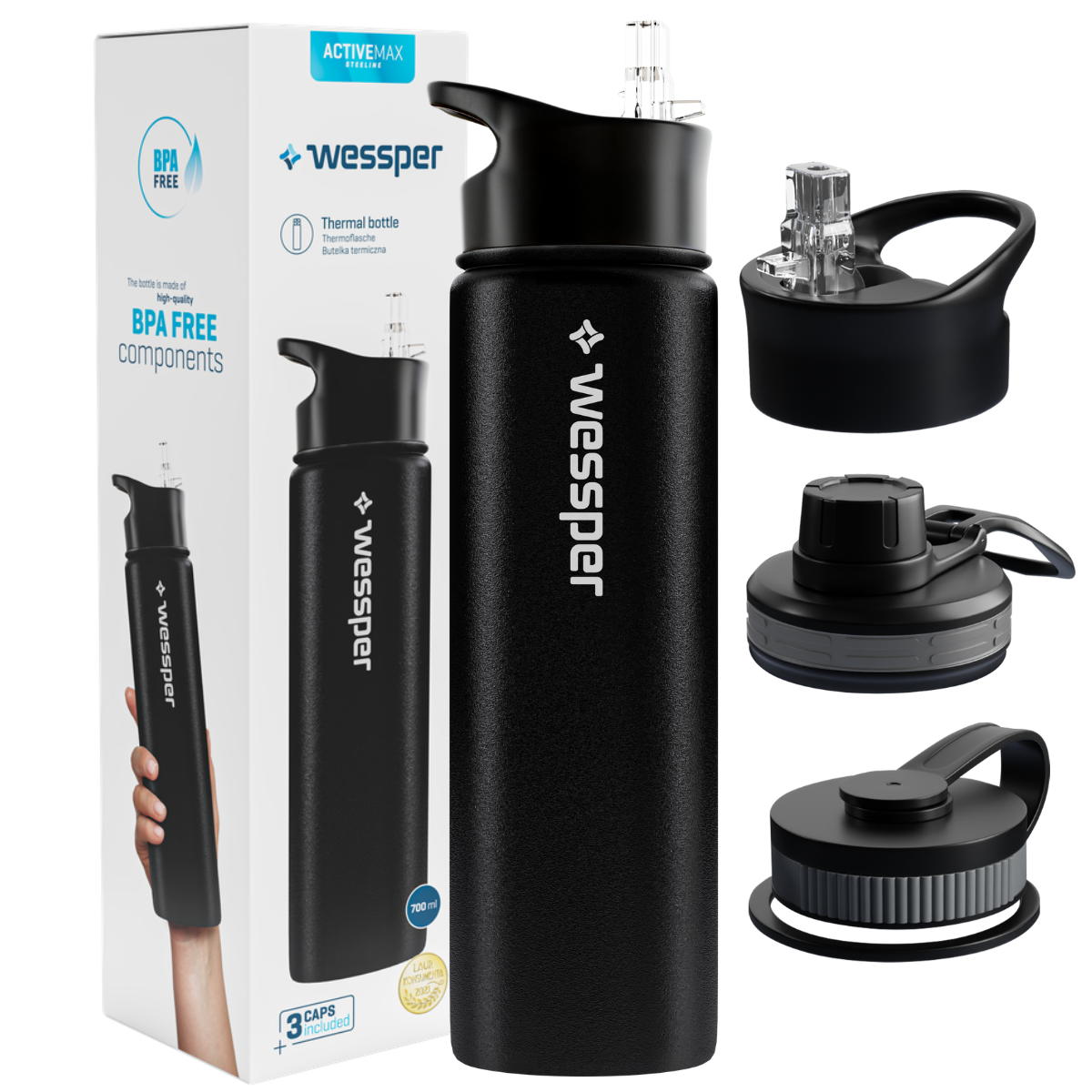 Butelka termniczna Wessper 700 ml ActiveMax Steeline w kolorze czarnym.