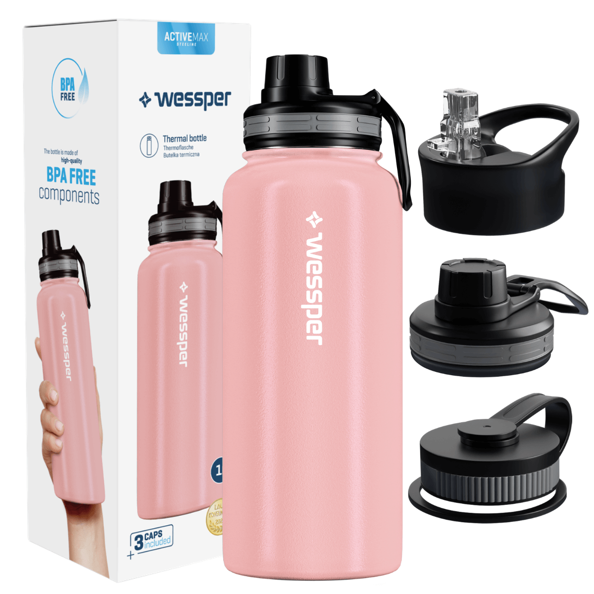 Butelka termiczna Wessper ActiveMax Steeline 1000 ml w kolorze różowym.