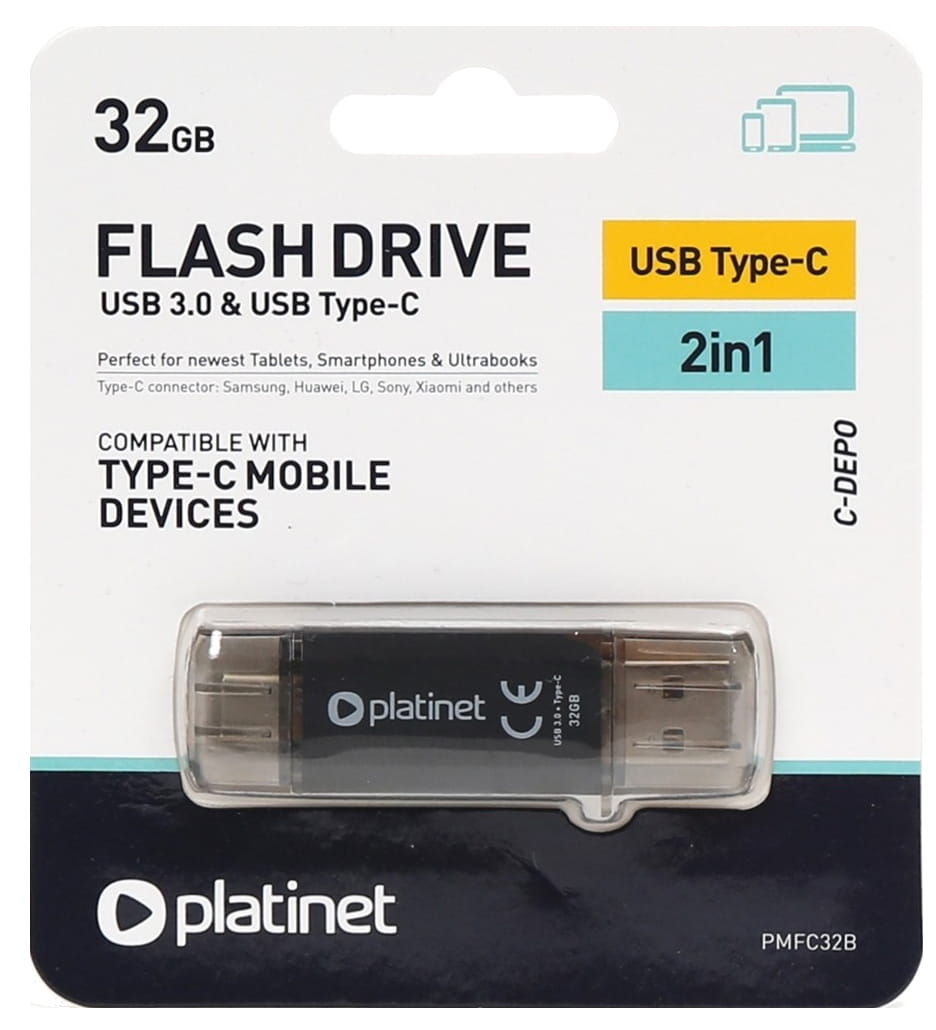 PLATINET USB3,0 Pendrive 32GB + USBC DUAL 45451 CC-DEPO PMFC32B BLACK - Henryx24