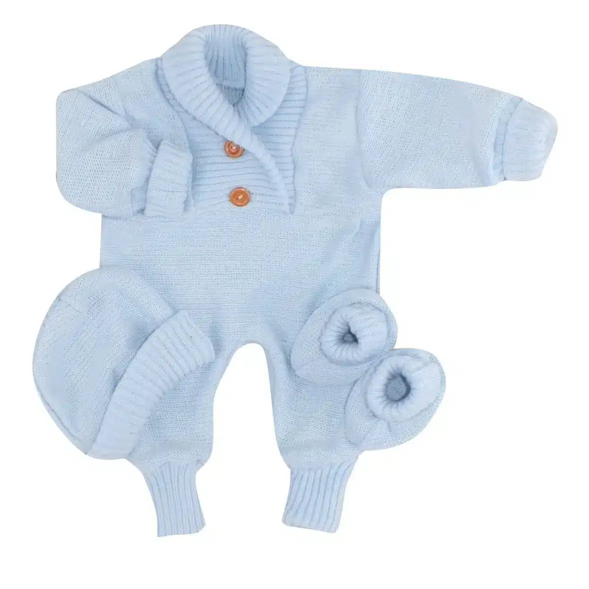 KOMPLET PAJACYK WŁÓCZKOWY + BUCIKI + CZAPKA BŁĘKITNY ZZ - 56