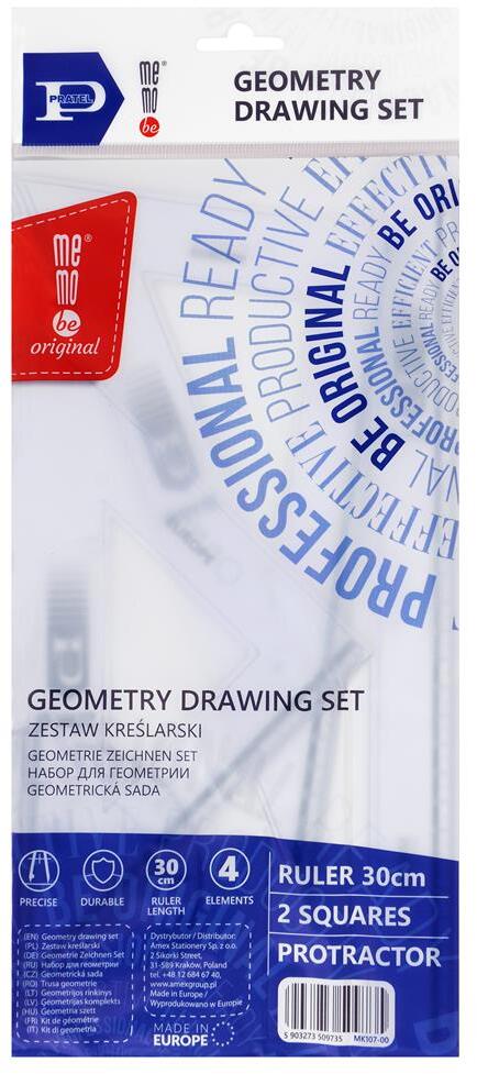 Zestaw kreślarski MemoBe z linijką 30cm, 4 elementy, transparentny