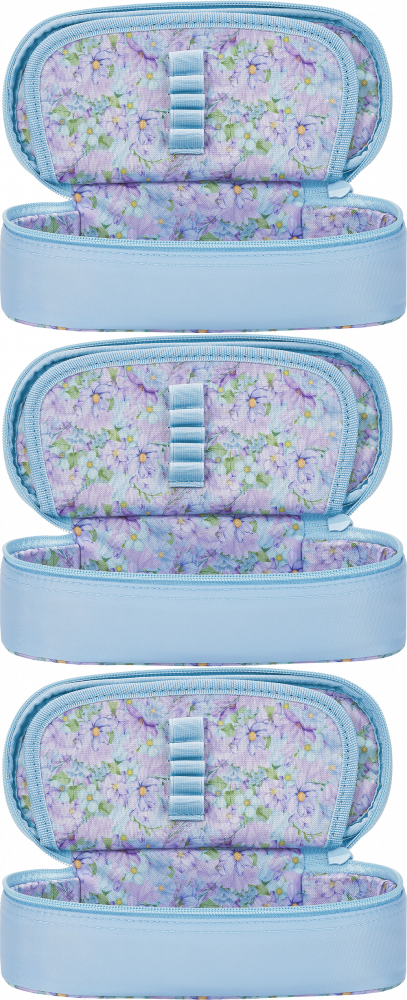 3x Piórnik z klapką Oxford Flowers, bez wyposażenia, 23.5x8.5x5cm, poliester, niebieski pastelowy