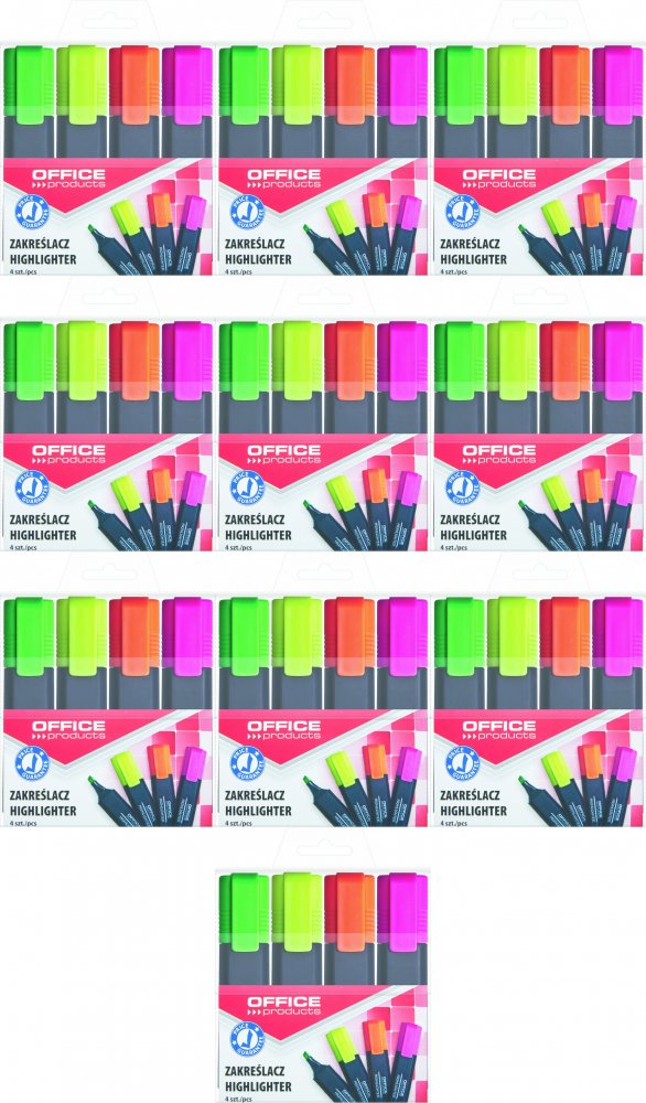 10x Zakreślacz Office Products, ścięta, 4 sztuki, mix kolorów fluorescencyjnych