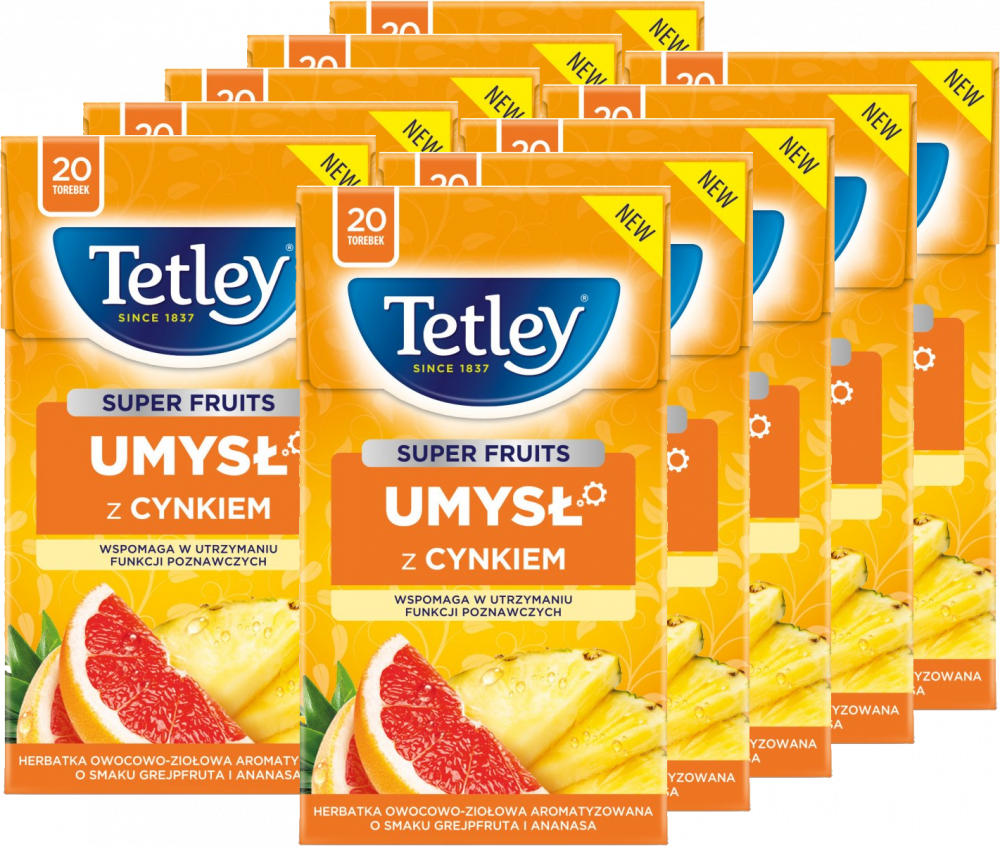 10x Herbata funkcjonalna w torebkach Tetley Super Fruits Umysł z cynkiem, grejpfrut i ananas, 20 sztuk x 2g