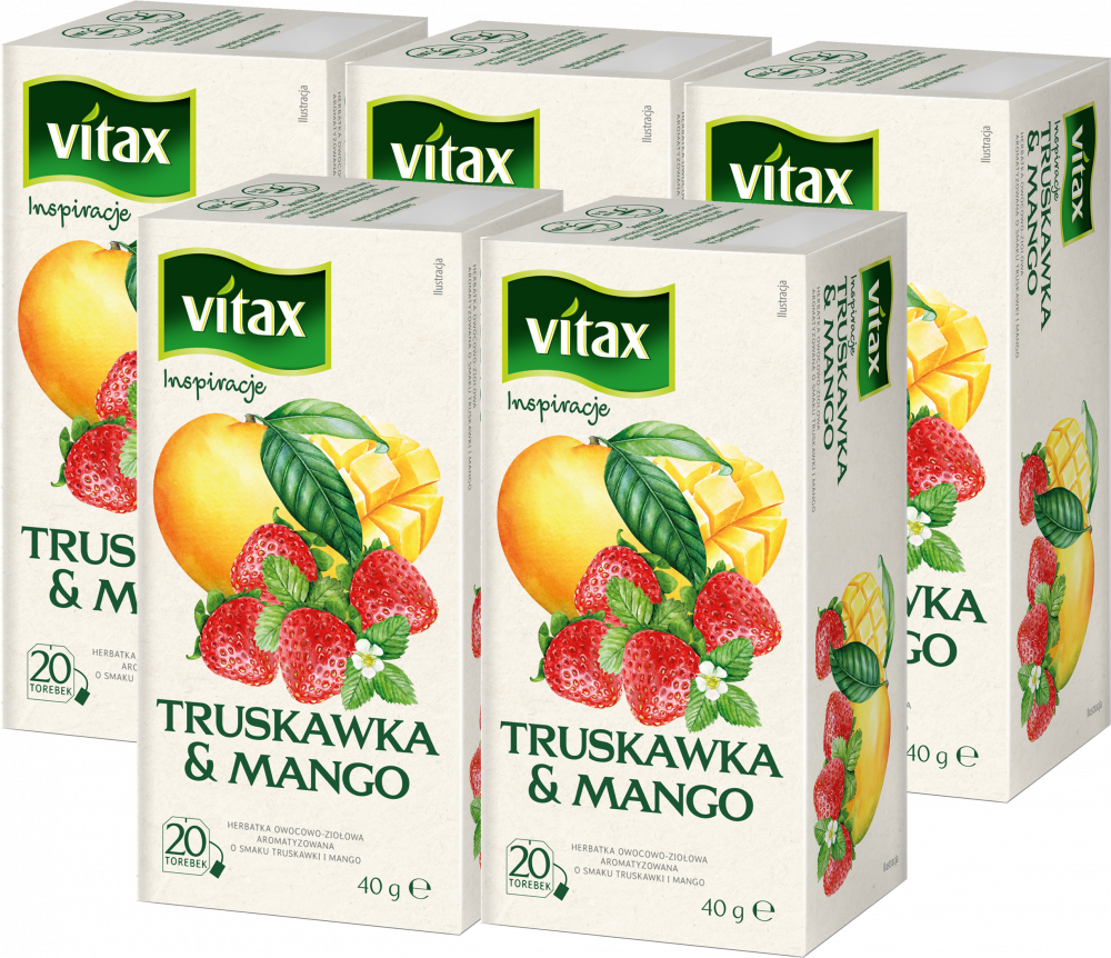 5x Herbata owocowa w torebkach Vitax Inspirations, truskawka i mango, 20 sztuk x 2g