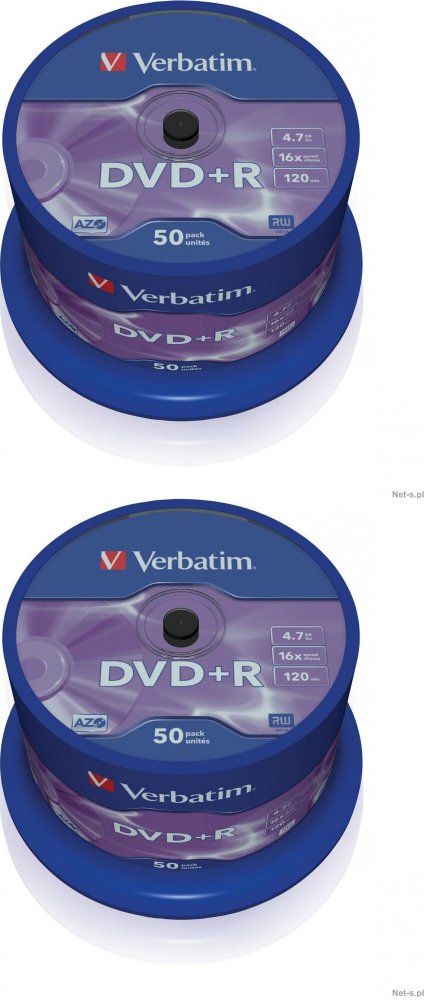2x Płyta DVD+R Verbatim, do jednokrotnego zapisu, 4.7 GB, cake box, 50 sztuk