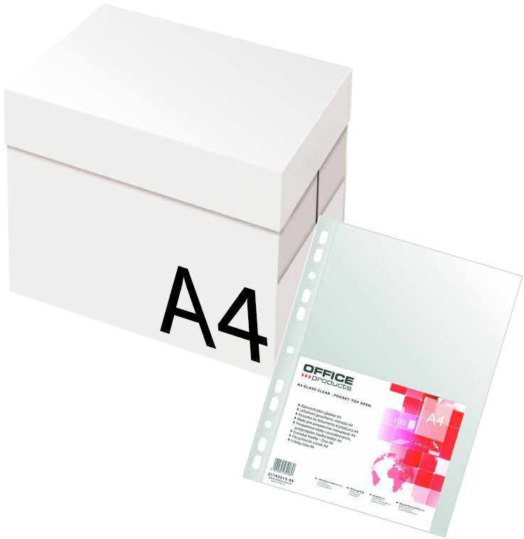 Zestaw: 5x Papier ksero, A4, 80g/m2, 500 arkuszy, biały + Koszulki krystaliczne Office Products, A4, 40 μm, 100 sztuk, transparentny