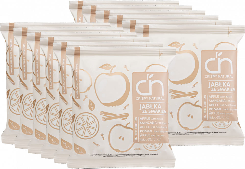 12x Suszone owoce Crispy Natural Jabłka ze smakiem, pomarańczowo-korzenne, chipsy, 18g