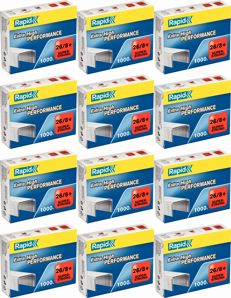 12x Zszywki Rapid Super Strong, 26/8+ 1M, 1000 sztuk, srebrny