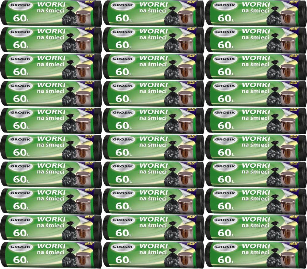 30x Worki na śmieci Grosik, na odpady zmieszane, 60l, 20 sztuk, czarny