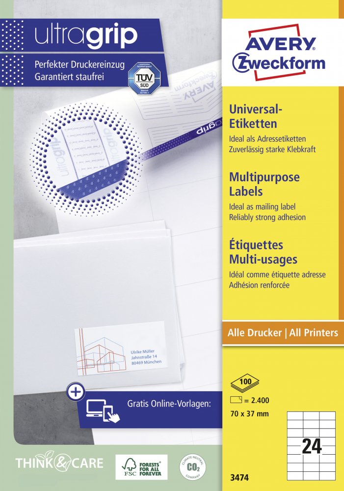 Etykiety samoprzylepne Avery Zweckform, 70x37mm, 100 arkuszy