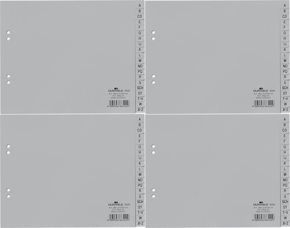4x Przekładki do segregatora Durable, plastikowe, alfabetyczne (A-Z), poziome, A4, 20 kart, szary