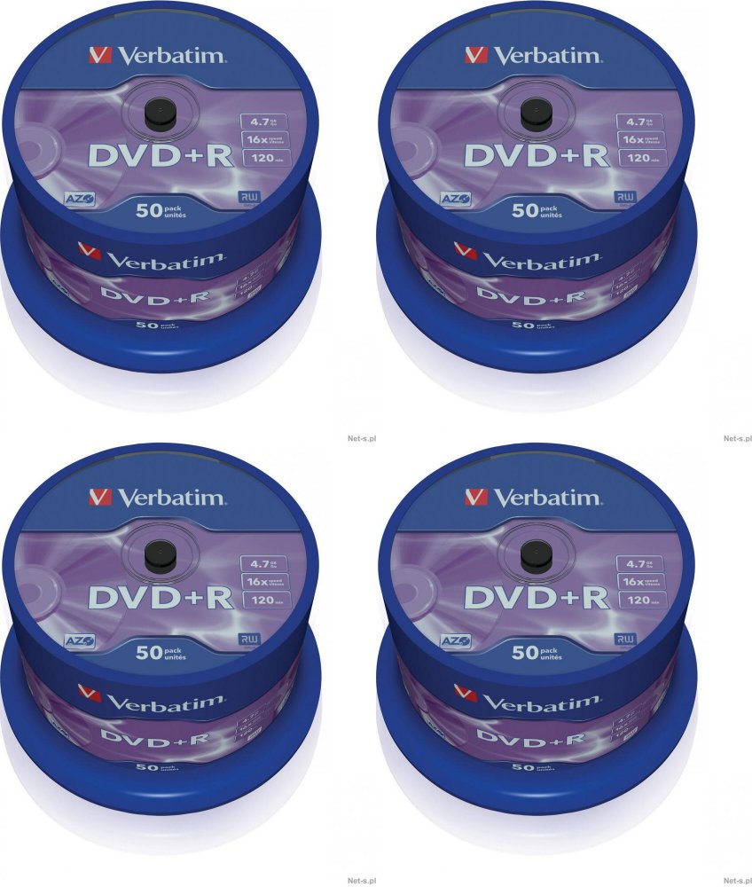 4x Płyta DVD+R Verbatim, do jednokrotnego zapisu, 4.7 GB, cake box, 50 sztuk