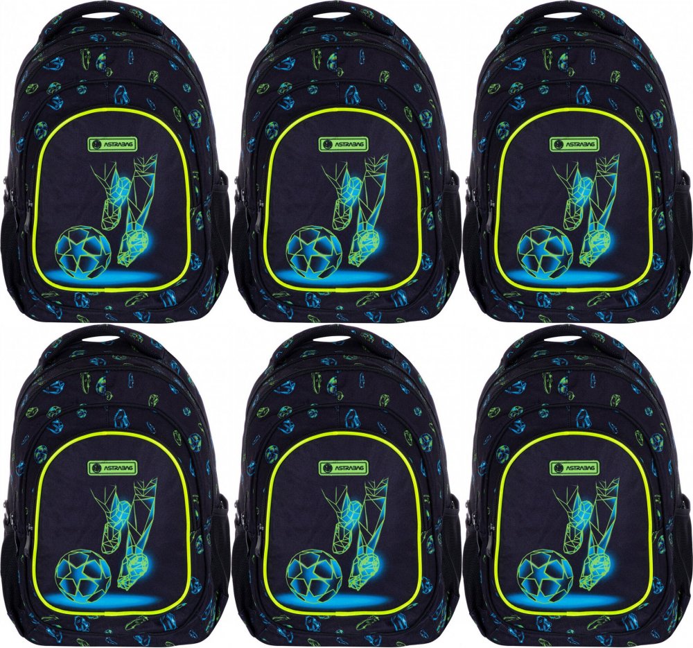 6x Plecak szkolny Astra Astrabag Football Motion AB330, trzykomorowy, 20l, czarny