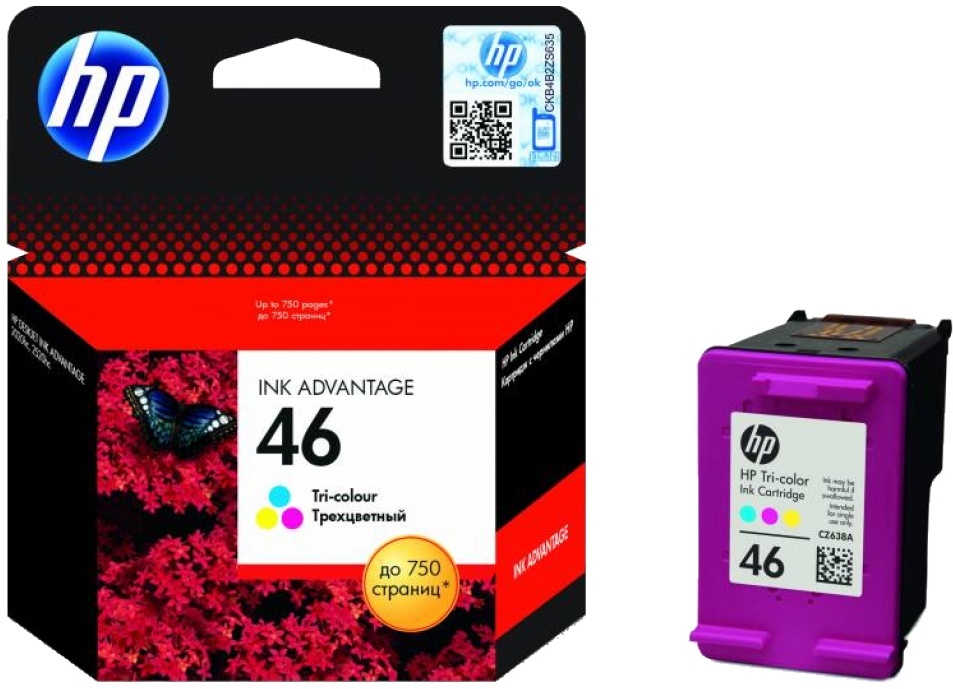 Tusz HP 46 (CZ638AE), 750 stron, CMY cyan (błękitny), magenta (purpurowy), yellow (żółty)