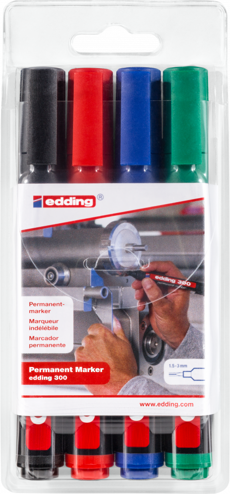 Marker permanentny edding 300, okrągła, 1.5-3mm, 4 sztuki, mix kolorów