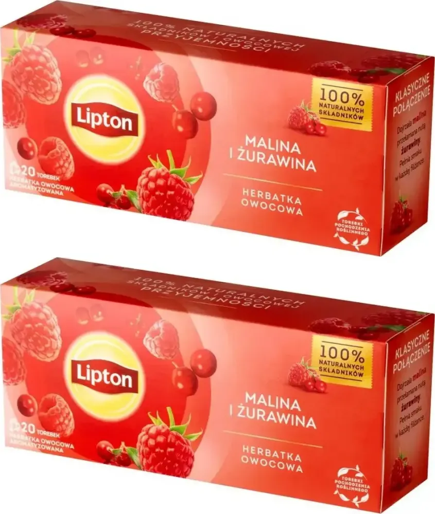 2x Herbata owocowa w torebkach Lipton, malina i żurawina, 20 sztuk x 1.6g