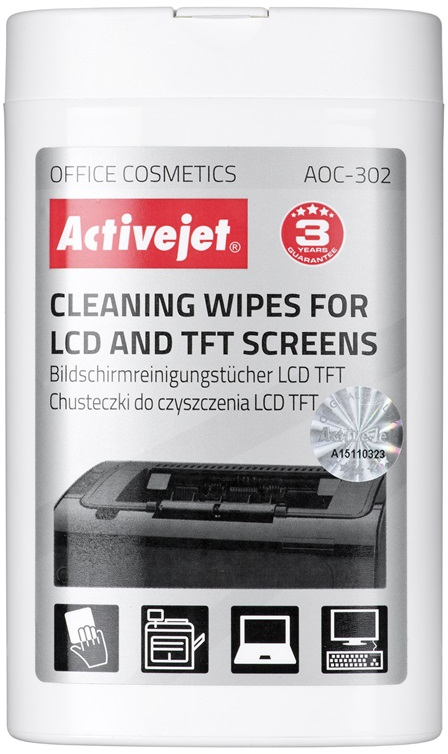 Ściereczki nawilżone do czyszczenia ekranów LCD/TFT Activejet AOC-302, tuba, 100 sztuk